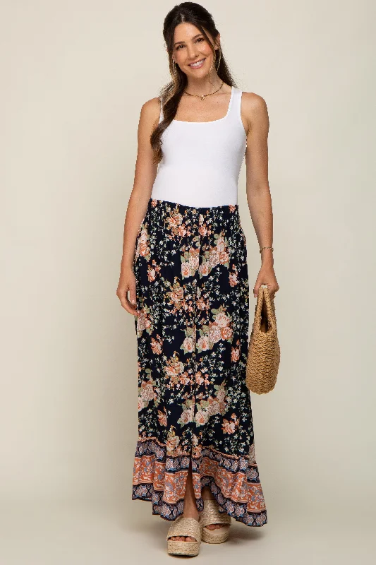 Navy Blue Floral Border Print Smocked Waist Button Front Maternity Maxi Skirt cashmere skirt rich