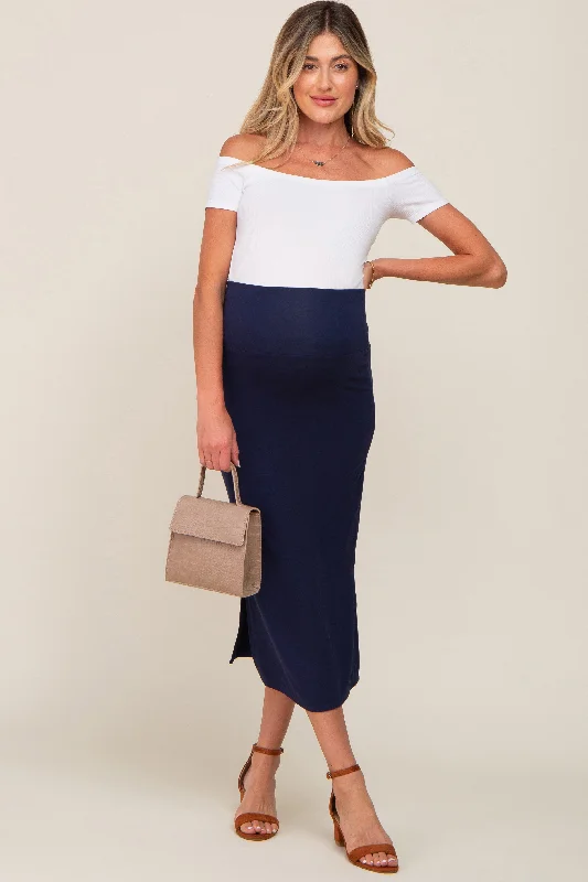 Navy Blue Side Slit Maternity Midi Skirt cashmere skirt fine