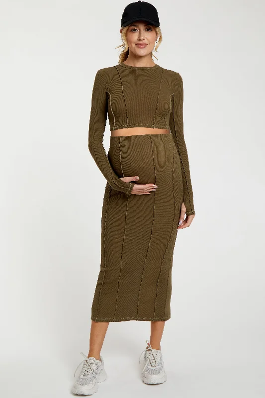 Olive Exposed Seams Top and Skirt Maternity Set mini skirt trendy