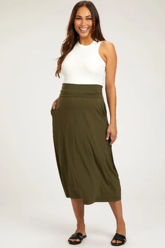 Olive Fold-Over Maternity Maxi Skirt seamless skirt comfort