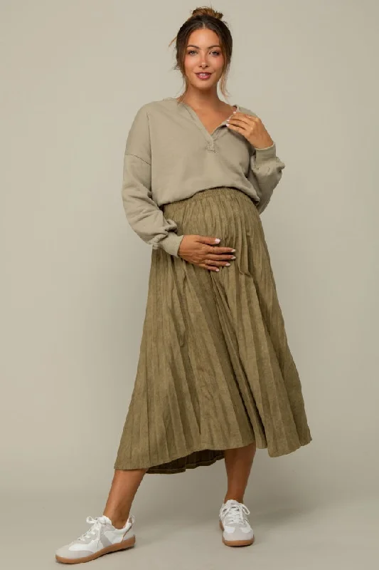 Olive Suede Pleated Maternity Midi Skirt velvet skirt plush