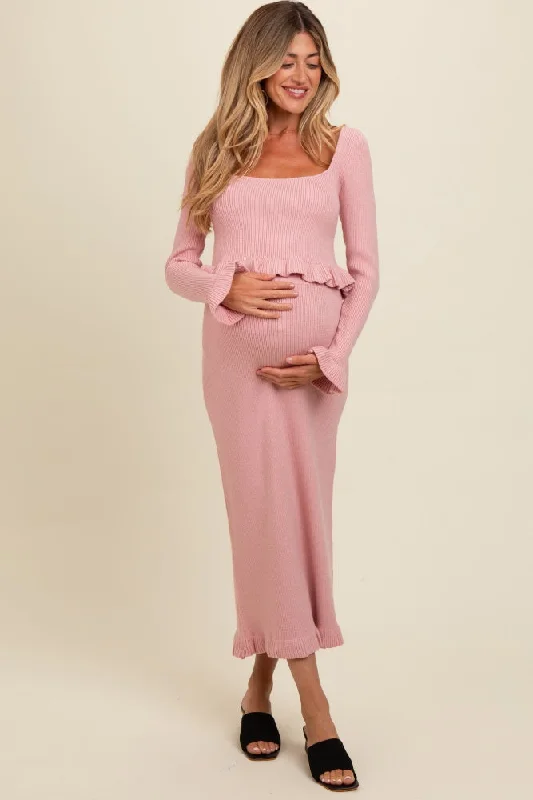 Pink Ruffle Hem Knit Top And Midi Skirt Maternity Set lace skirt intricate