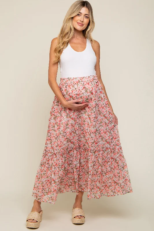 Pink Smocked Waist Tiered Maternity Maxi Skirt floral skirt print