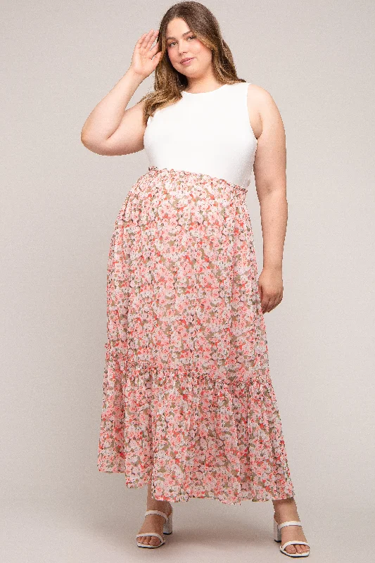 Pink Smocked Waist Tiered Maternity Plus Maxi Skirt leather skirt durable