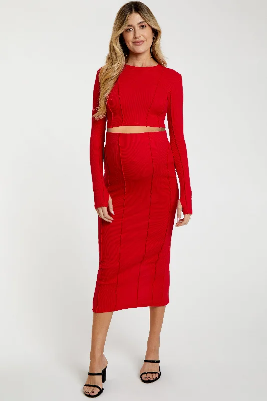 Red Exposed Seams Top and Skirt Maternity Set denim skirt durable