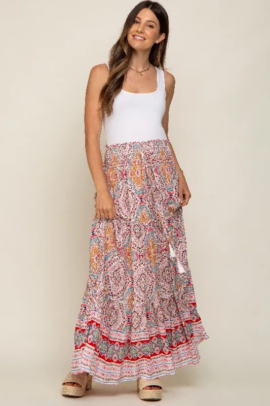 Red Printed Smocked Waist Maternity Maxi Skirt chiffon skirt floaty