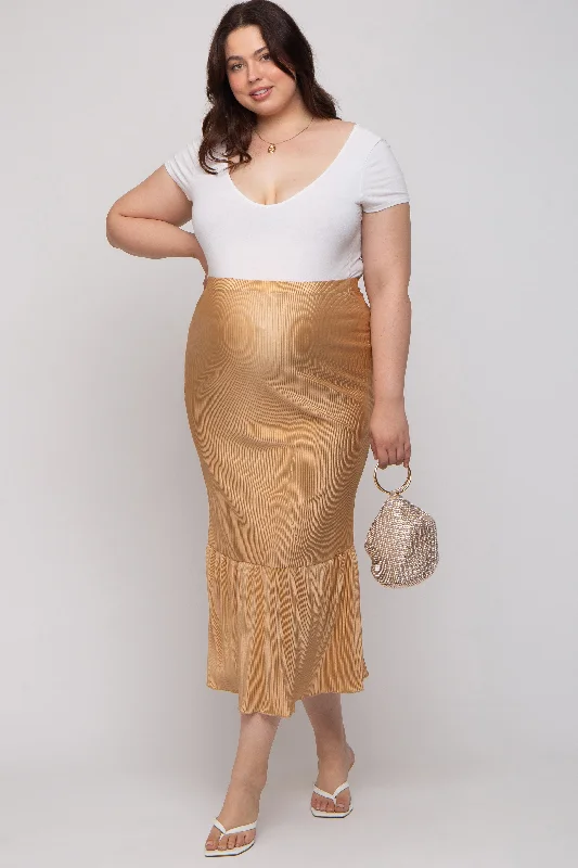 Taupe Plisse Maternity Plus Maxi Skirt ribbed skirt waist