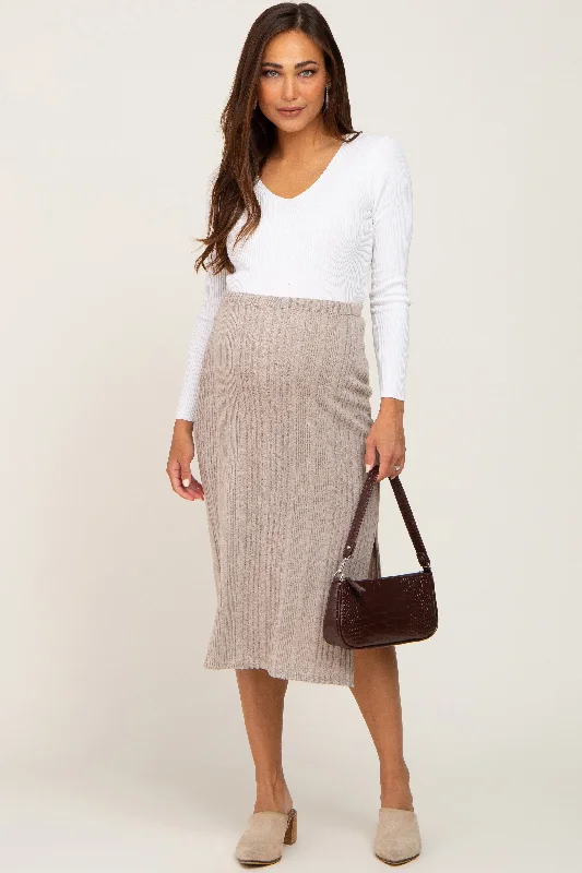 Taupe Soft Knit Ribbed Side Slit Maternity Midi Skirt wool skirt warm