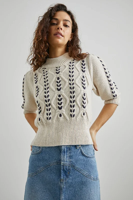 ADDY SWEATER - OATMEAL NAVY CABLES Terry Terry Cloth Terry Knit