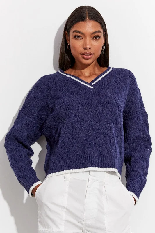 Blue Sweater Long sleeve V neck Front Pockets Side Pockets Patch Pockets