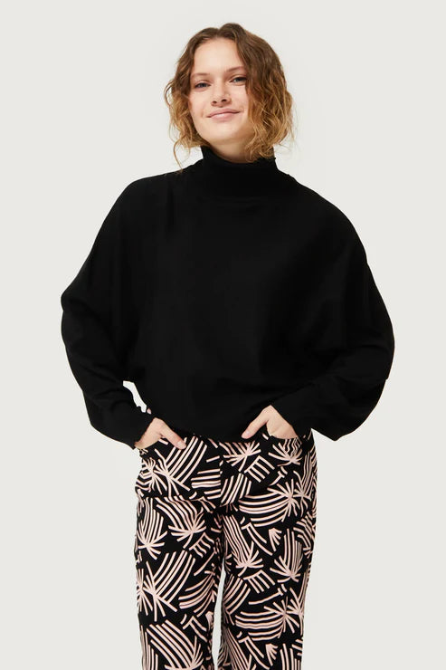 Black Roll Neck Knitted Sweater Print Jacquard Patchwork