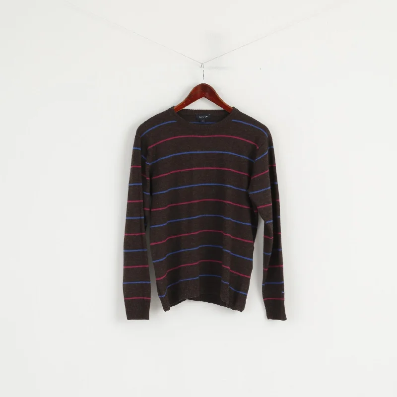 GANT Women M Jumper Brown Striped Wool Crew Neck Soft Sweater Solid Print Embellished