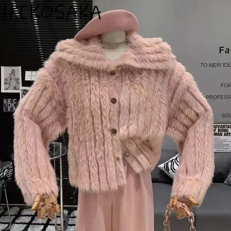 Kaya Cute Woolen Fur Sweater with Buttons Mesh Sweater Canvas Denim
