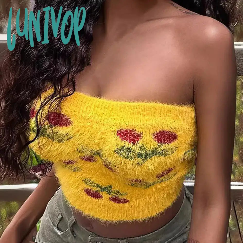Lunivop European and American Summer New Style Sexy Hottie Slim-fitting Sweater Vest Knitted Plush Flower Navel-baring Tube Top Graphic Sweater Embroidered Appliqued Lunivop European and American Summer New Style Sexy Hottie Slim-fitting Sweater Vest Knitted Plush Flower Navel-baring Tube Top Graphic Sweater Embroidered Appliqued