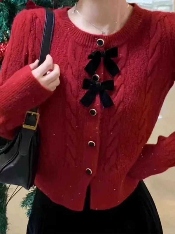 Maya Cute Woolen Sweater with Bow Detail Silk Blend Satin Velvet