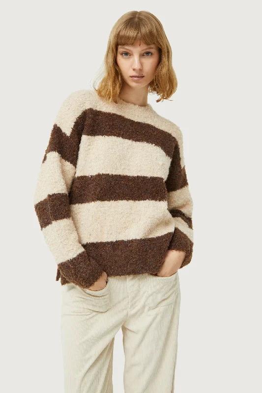 Brown Striped Fluffy Knit Sweater Notch Collar Peter Pan Collar Cowl Neck
