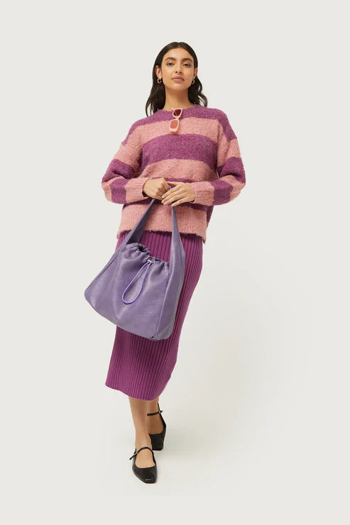 Purple Striped Fluffy Knit Sweater Toggled Drawstring Belted