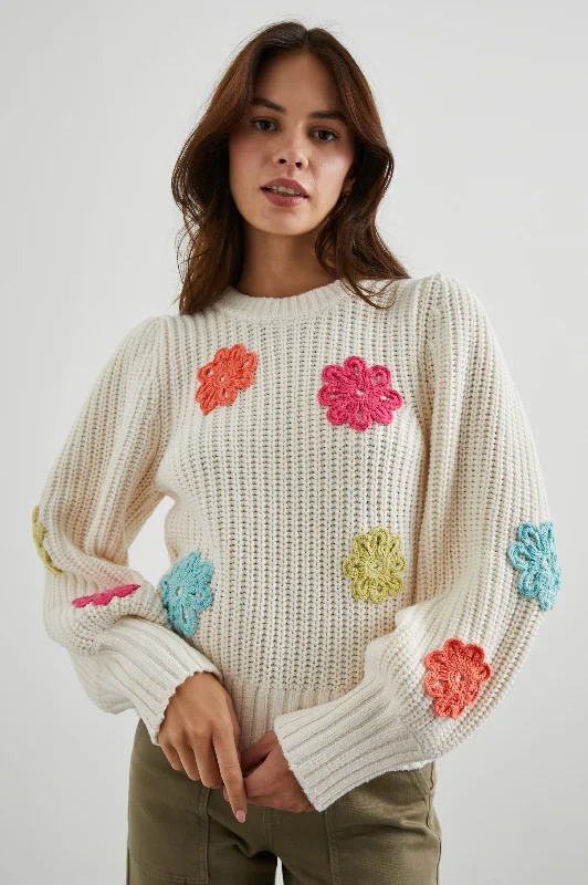 ROMY SWEATER - IVORY MULTI DAISIES Cable Knit Ribbed Knit Lace Knit