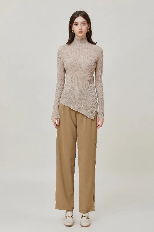 Sylphide | Amelie Camel Ribbed Wool Sweater Welt Pockets Slit Pockets Flap Pockets
