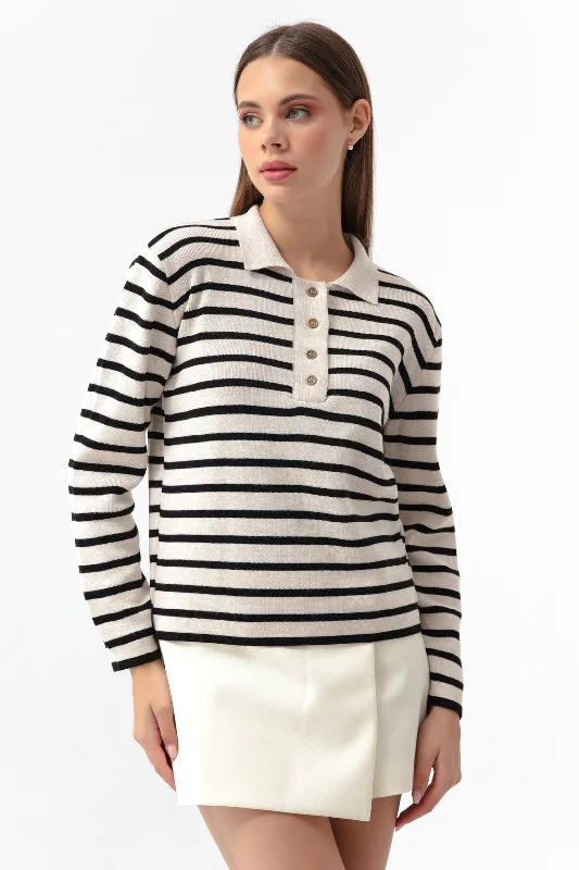 Woman Polo Yaka Striped Knitwear Sweater Striped Floral Plaid