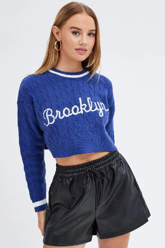Blue Sweater Long sleeve Crew neck Stretchy Elastic Breathable