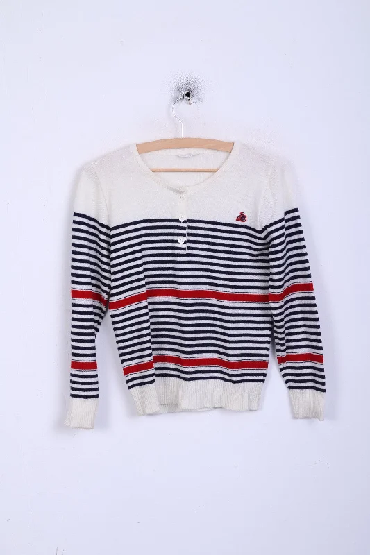 CASHI Womens 38 M Jumper Sweater Beige Striped Crew Neck High Neck Crew Neck V-Neck
