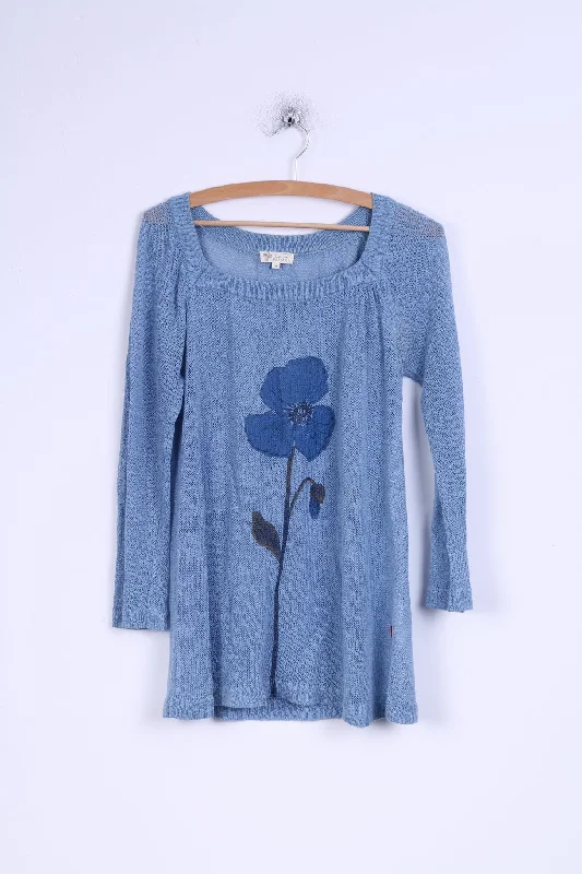 Jackpot Womens M Sweater Blue Linen Cotton Blend Flower Spandex Rayon Corduroy