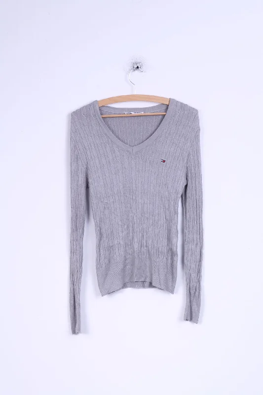 Hilfiger Sport Womens L (S) Jumper Grey Stretch V Neck Sweater Italy Seamless Knitted Crochet