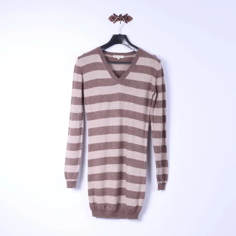 Duca Di Valtorta Womens M (S) Long Jumper Beige Striped 100% Cashmere Soft Sweater Boat Neck Shawl Collar Notched Collar