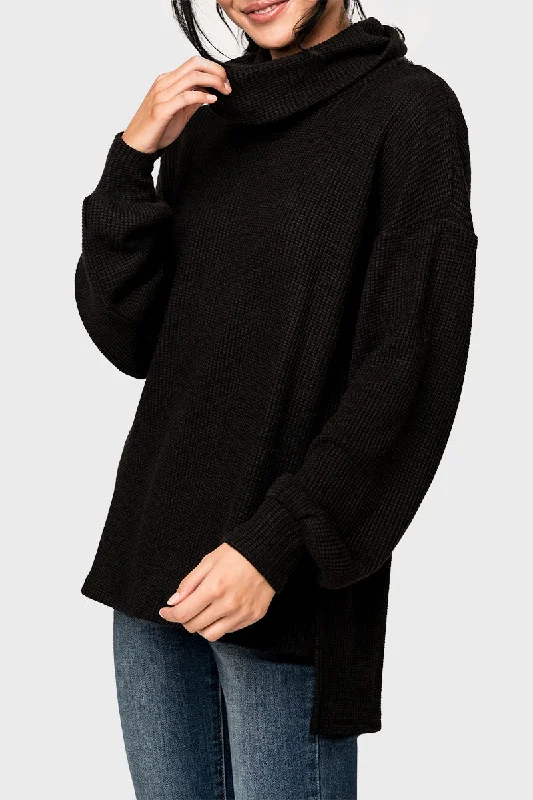 Cowl Neck Blouson Sleeve Soft Luxe Sweater Welt Pockets Slit Pockets Flap Pockets