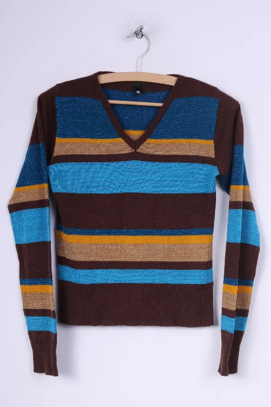 H&M Divided Womens S Jumper Sweater V Neck Striped Brown /Blue Shiny Cashmere Blend Cotton Blend Poly Blend H&M Divided Womens S Jumper Sweater V Neck Striped Brown /Blue Shiny Cashmere Blend Cotton Blend Poly Blend