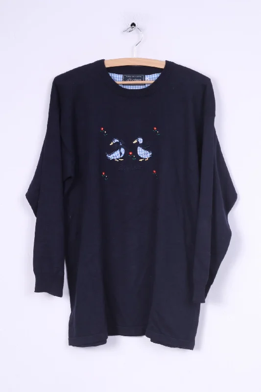 Divino Womens M Long Jumper Sweater Crew Neck Blue Two Duck Navy Cotton Retro Vintage Striped Floral Plaid Divino Womens M Long Jumper Sweater Crew Neck Blue Two Duck Navy Cotton Retro Vintage Striped Floral Plaid