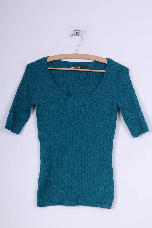 Eddie Bauer Womens XS Jumper Round Neck Sweater Turquoise Short Sleeve Cotton Nylon Knit Bright Pastel Dark Eddie Bauer Womens XS Jumper Round Neck Sweater Turquoise Short Sleeve Cotton Nylon Knit Bright Pastel Dark