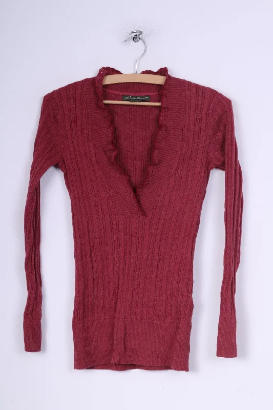 Eddie Bauer Womens XS Jumper V Neck Sweater Maroon Cotton Nylon Knit Ribbed Striped Patterned Eddie Bauer Womens XS Jumper V Neck Sweater Maroon Cotton Nylon Knit Ribbed Striped Patterned