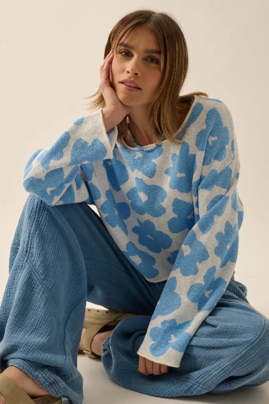 Flower Box Floral Knit Cropped Sweater Toggled Drawstring Belted