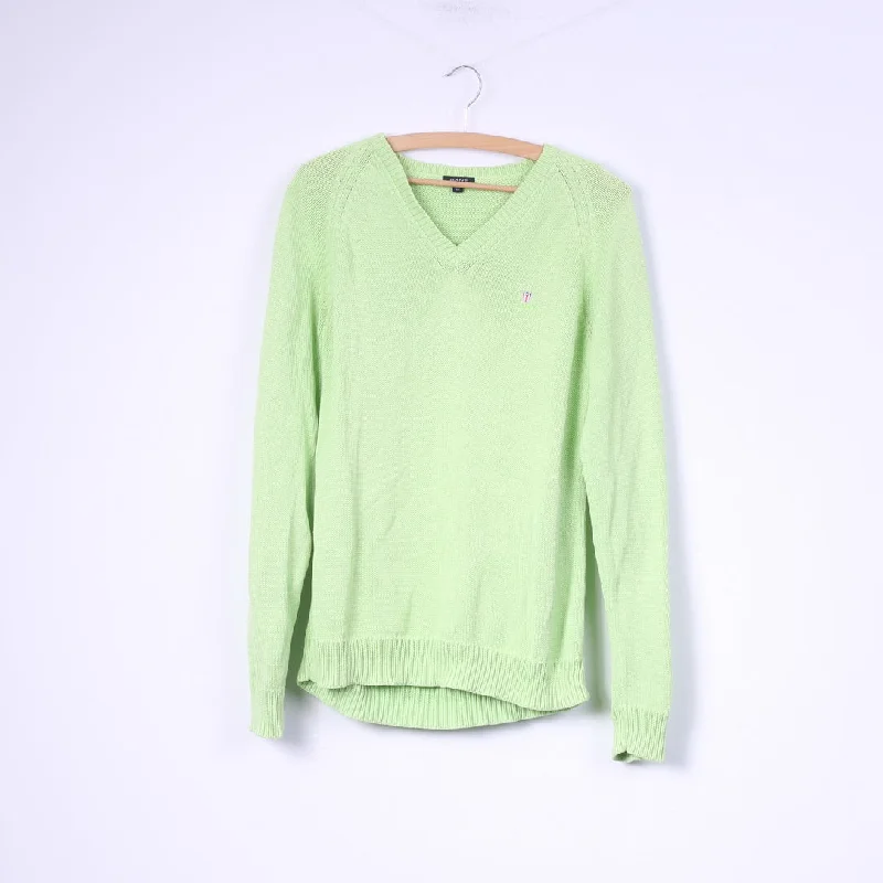 Gant Womens L Jumper Neon Green Sweater V Neck Cotton Top Stretchy Elastic Breathable