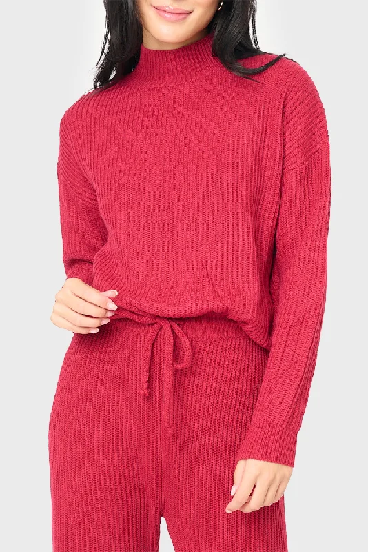 Funnel Neck Long Sleeve Cozy Ribbed Sweater Embroidered Appliqued Beaded