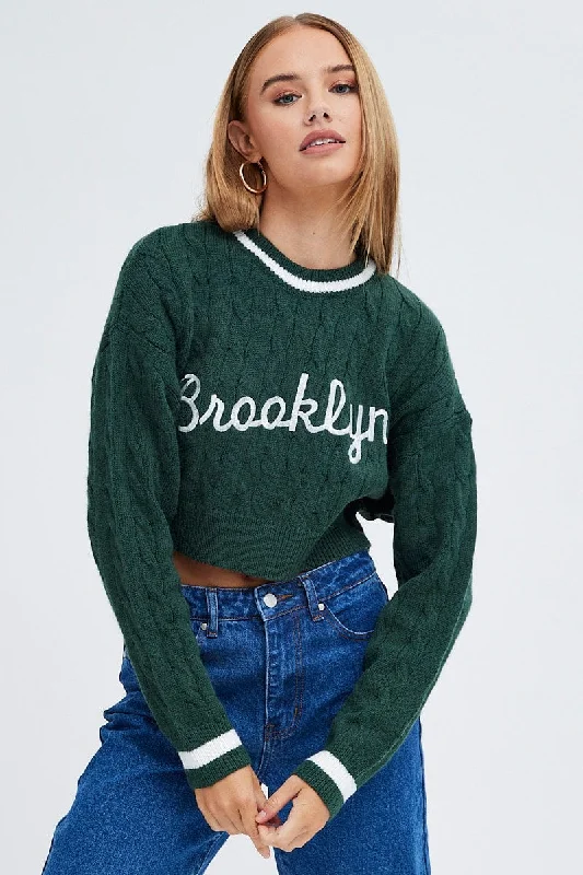 Green Sweater Long sleeve Crew neck Terry Terry Cloth Terry Knit