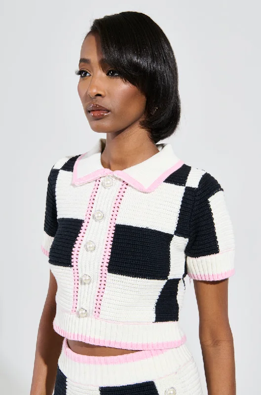 HIGH SPIRITS SHORT SLEEVE BUTTON DOWN SWEATER Zippered Front Buttoned Front Snap Front HIGH SPIRITS SHORT SLEEVE BUTTON DOWN SWEATER Zippered Front Buttoned Front Snap Front