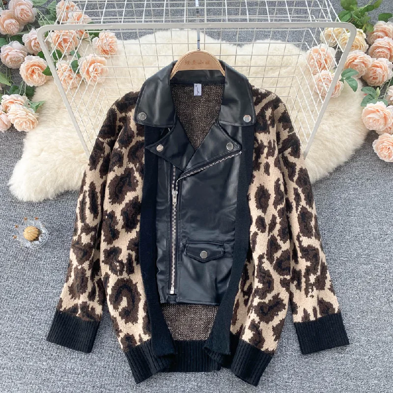 Korean leopard sweater stitched short lapel  1570 Soft Cozy Warm