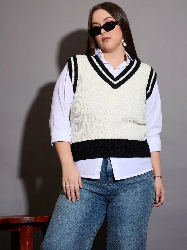 Women Curve Black & White Striped V-Neck Sweater Vest Mesh Blend Leather Blend Suede Blend
