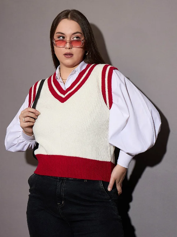 Women Curve Red & White Striped V-Neck Sweater Vest Solid Print Embellished