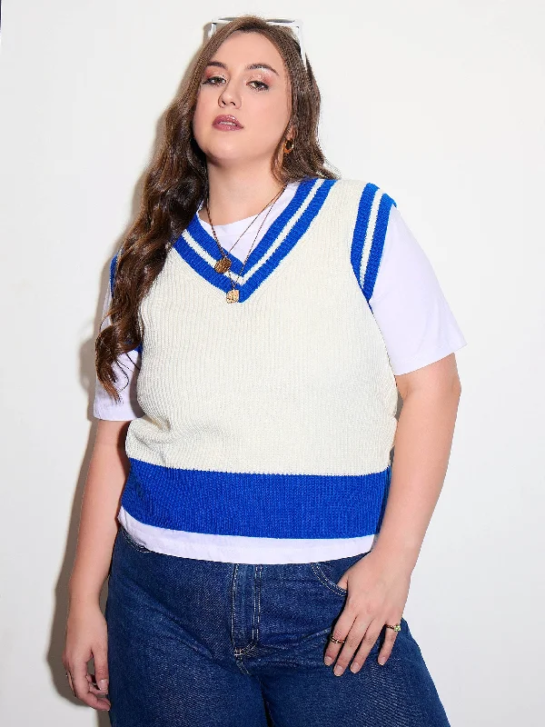 Women Curve Royal Blue & White Striped V-Neck Sweater Vest Print Jacquard Patchwork