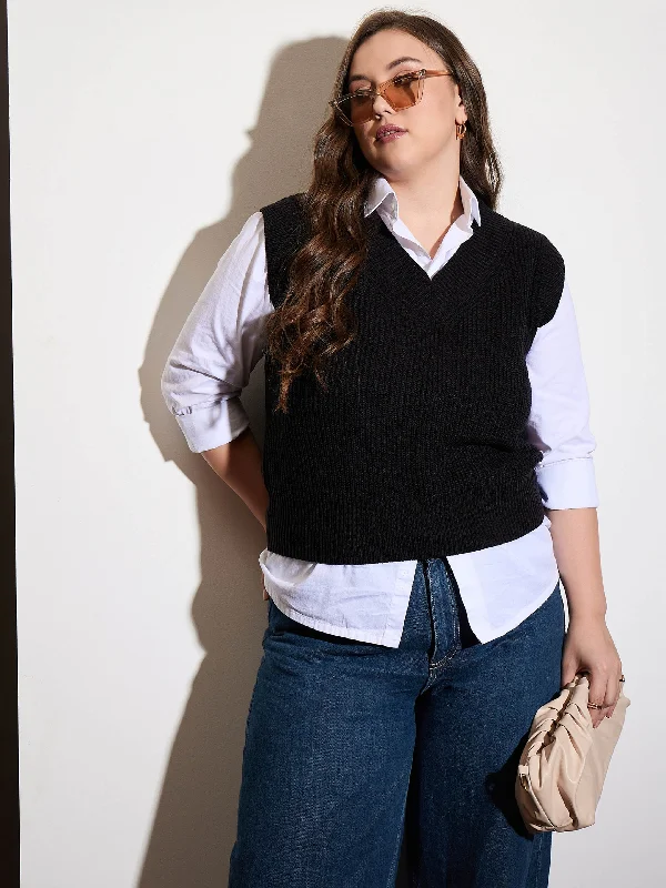 Women Curve Black Solid V-Neck Sweater Vest High Neck Crew Neck V-Neck