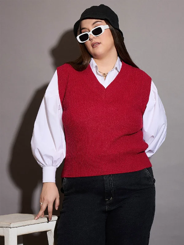 Women Curve Red Solid V-Neck Sweater Vest Terry Blend Velvet Blend Canvas Blend