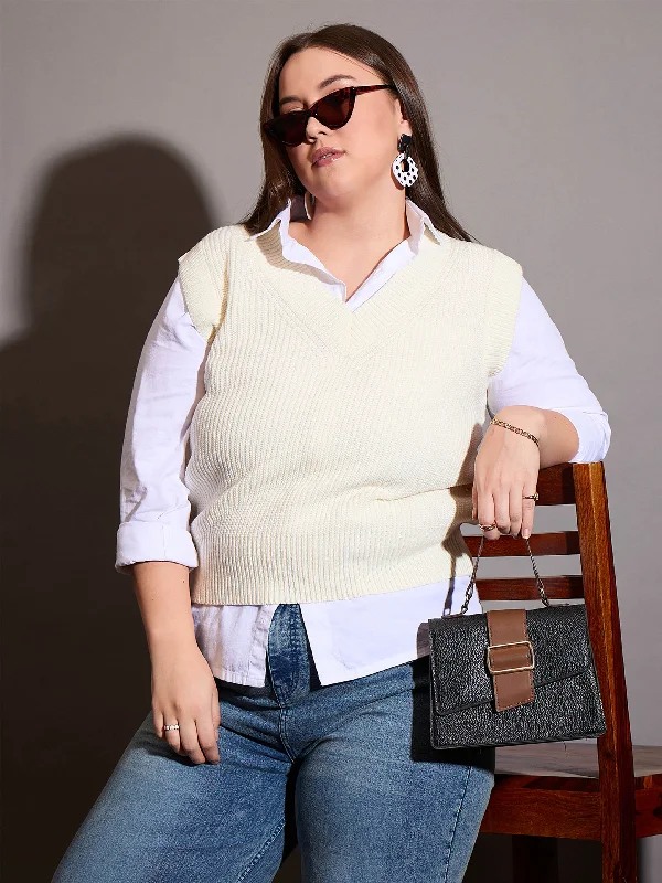 Women Curve White Solid V-Neck Sweater Vest Denim Fabric Leather Fabric Suede Fabric Women Curve White Solid V-Neck Sweater Vest Denim Fabric Leather Fabric Suede Fabric