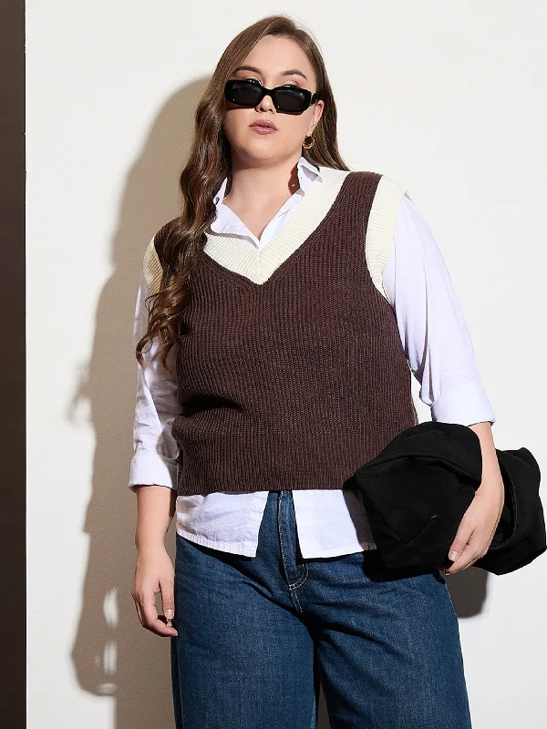 Women Curve Brown & White Solid V-Neck Sweater Vest Lightweight Heavyweight Midweight Women Curve Brown & White Solid V-Neck Sweater Vest Lightweight Heavyweight Midweight