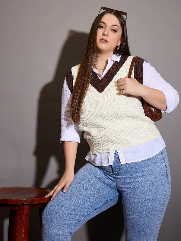 Women Curve White & Brown Solid V-Neck Sweater Vest Tailored Straight A-Line