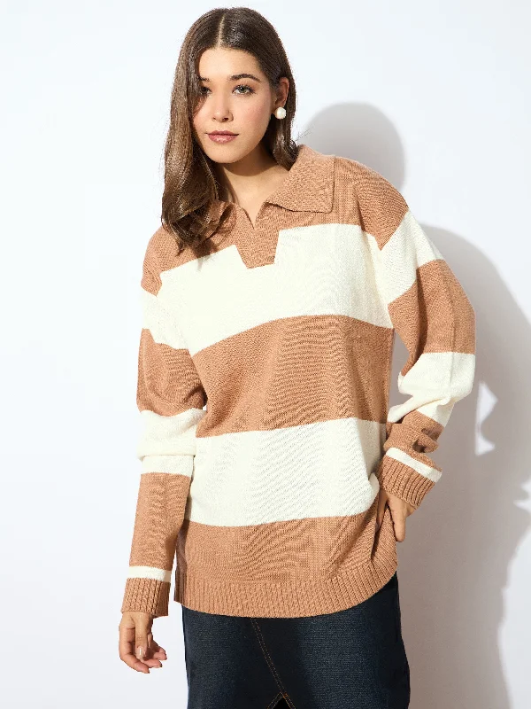 Women Beige And White Polo Neck Sweater Transparent Opaque Sheer