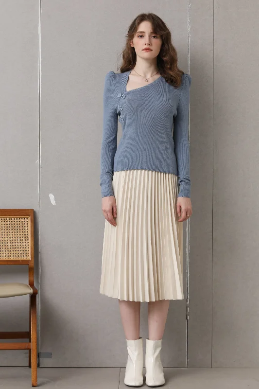Sylphide | Lya Blue Asymmetric Wool Sweater Collared Crew Neck Turtle Neck